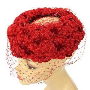 Mid-Century 60’s /clover Lane Red Cellophane Straw & Velvet Ribbon Hat Vintage